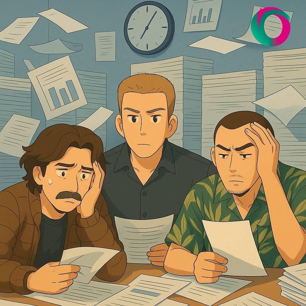 Команда изучает документы и рейтинги работодателей на фоне бумажной рабочей суеты